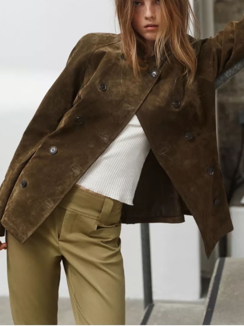 Zara Double-Breasted 100% Leather Suede Jacket
